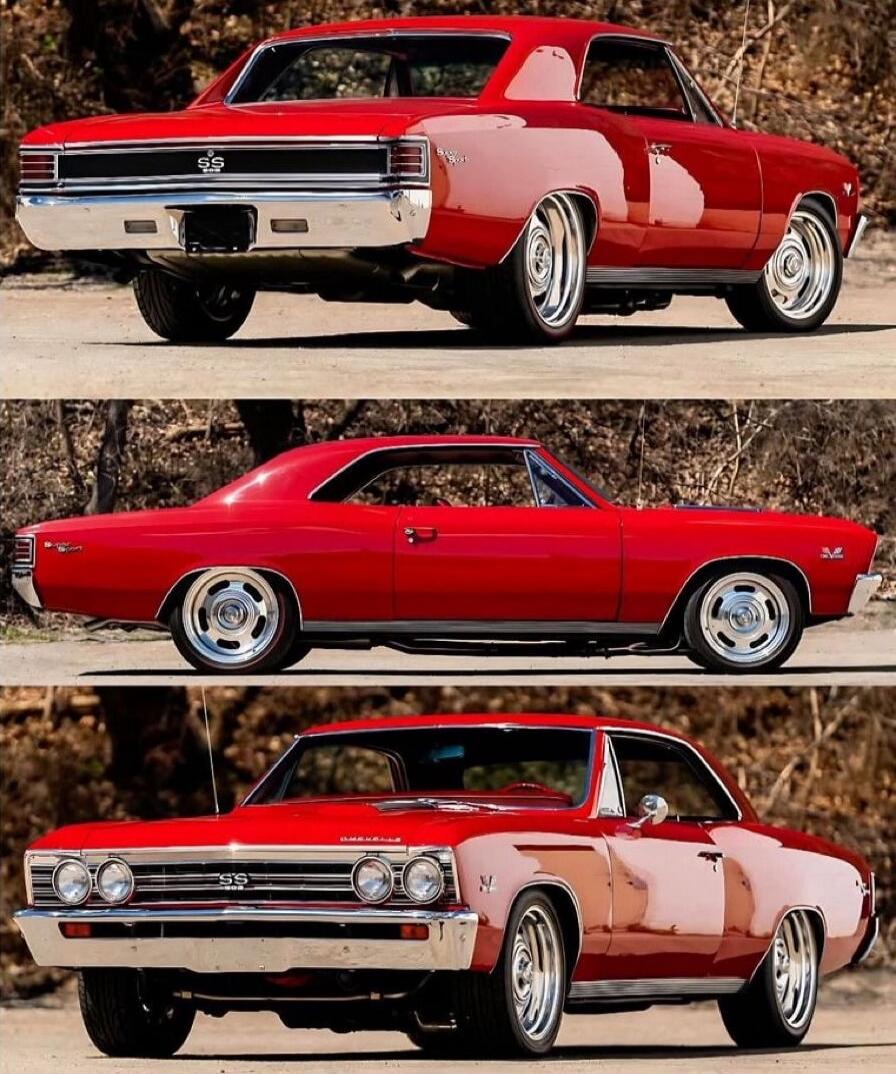 Three views of a red classic muscular Chevy Chevelle SS car displayed from rear, side, and front angles.