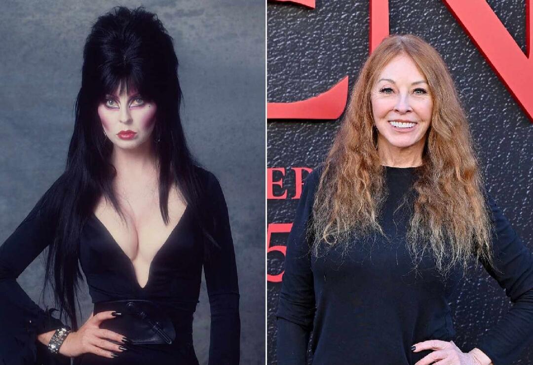 A side-by-side comparison of Cassandra Peterson. On the left, she is depicted as her iconic character Elvira, Mistress of the Dark, with a dramatic black wig, heavy gothic makeup, and a low-cut black dress. On the right, she appears as herself, smiling, with long reddish-brown hair and a more natural look.
