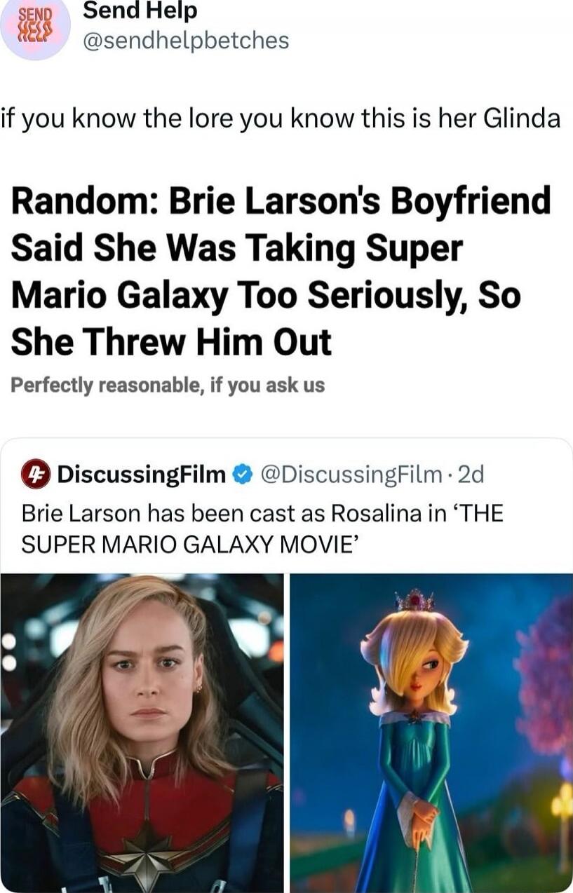 Random: Brie Larson's Boyfriend Said She Was Taking Super Mario Galaxy Too Seriously, So She Threw Him Out
Perfectly reasonable, if you ask us

Brie Larson has been cast as Rosalina in ‘THE SUPER MARIO GALAXY MOVIE’