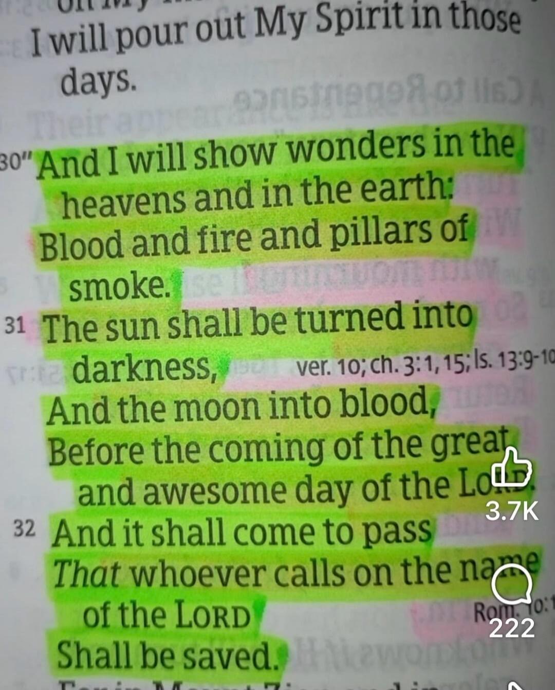 I will pour out My Spirit in those days. 30 And I will show wonders in the heavens and in the earth: Blood and fire and pillars of smoke. 31 The sun shall be turned into darkness, And the moon into blood, Before the coming of the great and awesome day of the LORD. 32 And it shall come to pass That whoever calls on the name of the LORD Shall be save