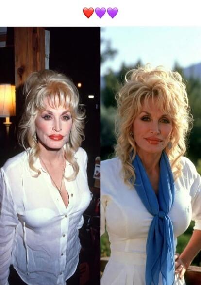 Two side-by-side photos of a blonde woman in a white blouse. Left image shows voluminous curled hair with bangs; right image shows the same woman with a more tousled, feathered style and a blue scarf draped around her neck.