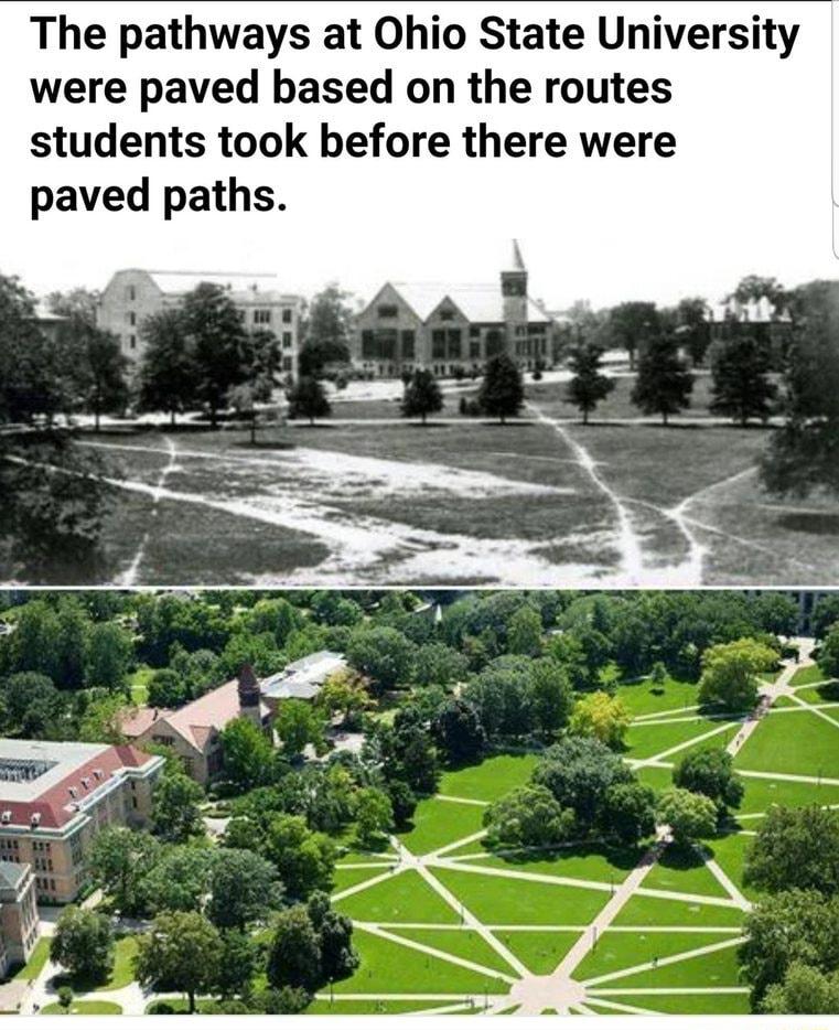 The pathways at Ohio State University were paved based on the routes students took before there were paved paths