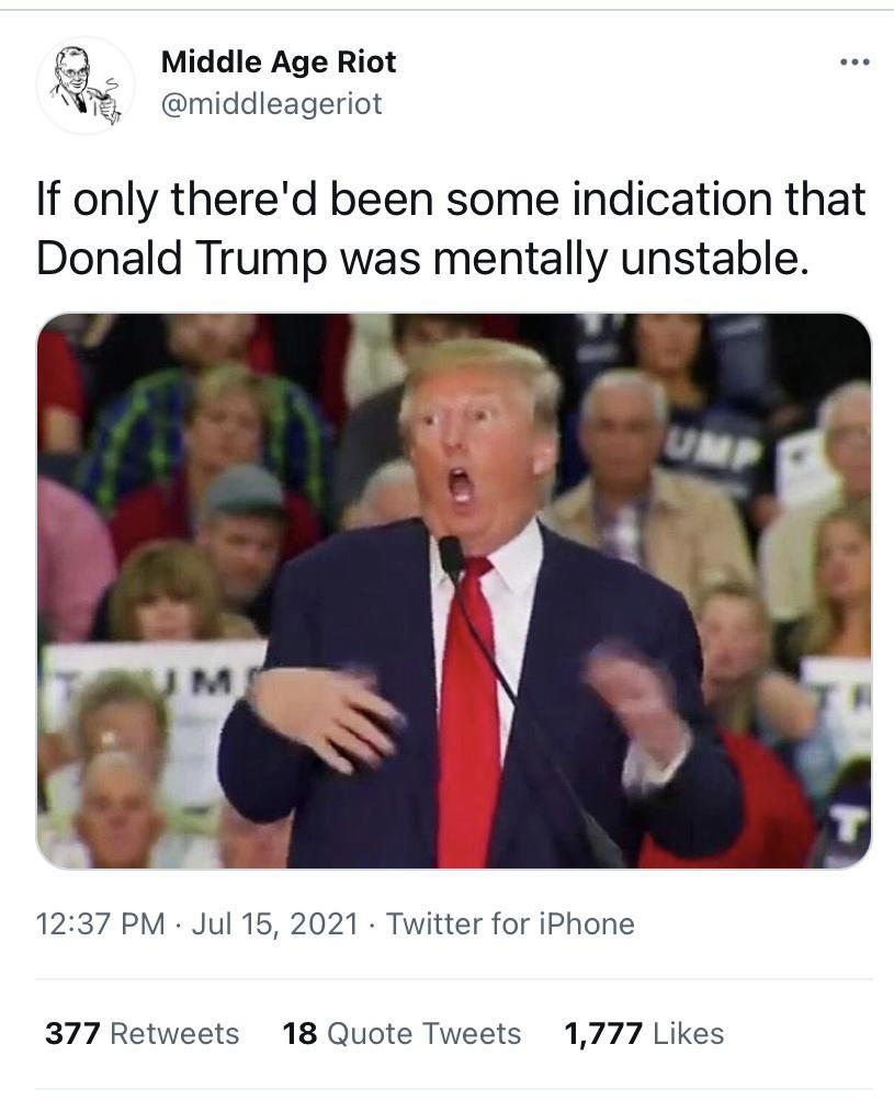 Middle Age Riot W middleageriot If only thered been some indication that Donald Trump was mentally unstable 1237 PM Jul 15 2021 Twitter for iPhone 377 Retweets 18 Quote Tweets 1777 Likes