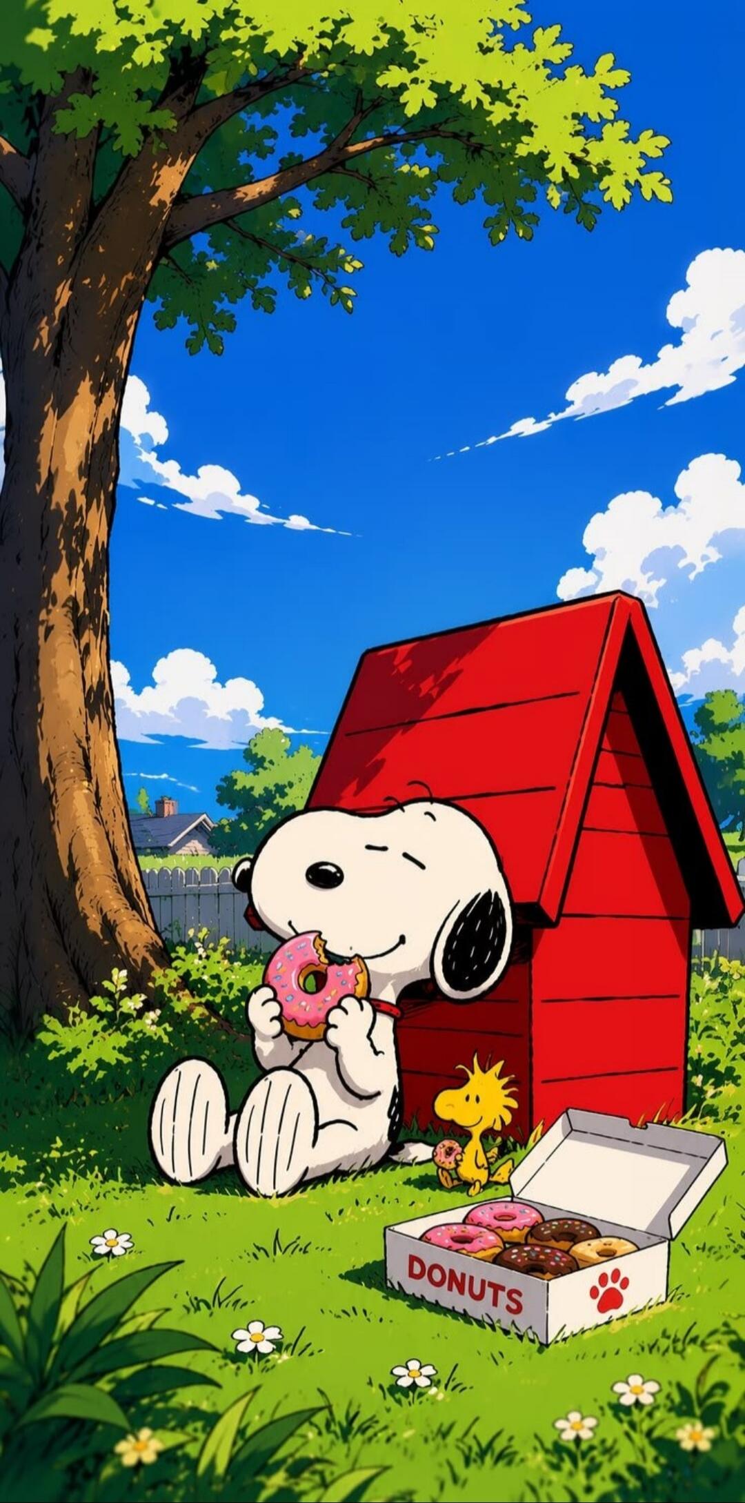 Snoopy is sitting under a tree next to his red doghouse, happily eating a pink donut. Woodstock is nearby, also enjoying a small donut. An open box of donuts with 'DONUTS' written on it is on the grass.