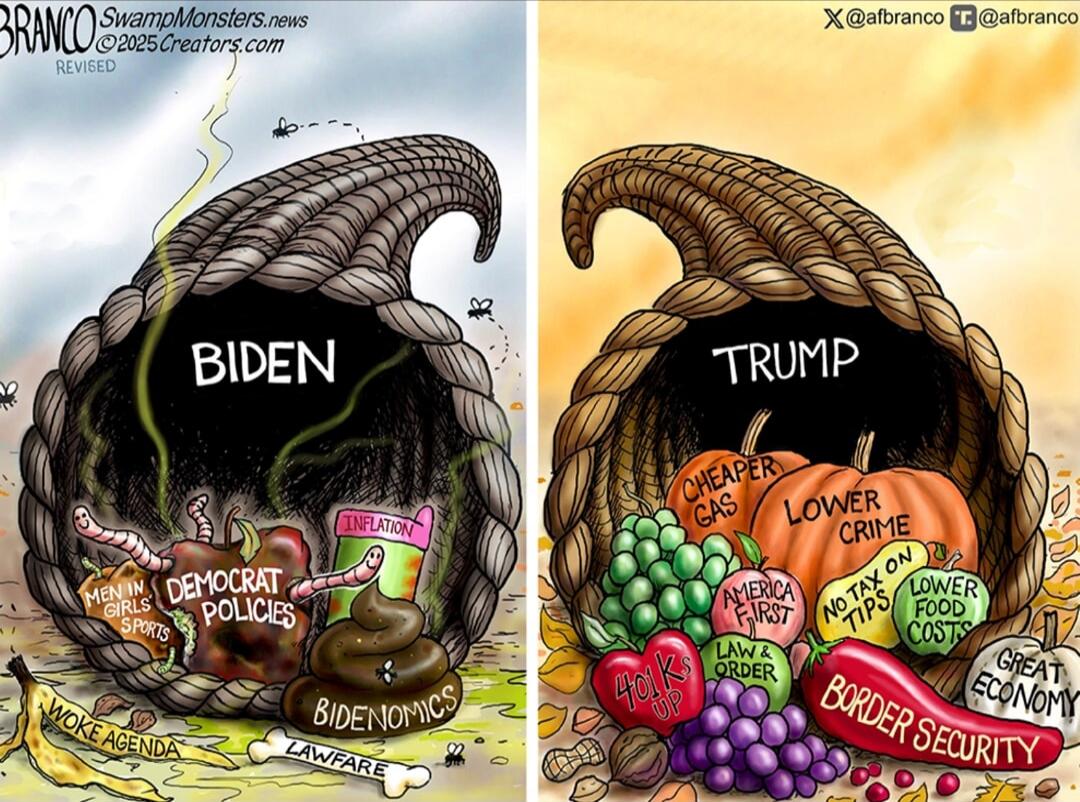 Left panel: BIDEN with various labels including WOKE AGENDA, DEMOCRAT POLICIES, BIDENOMICS, LAWFARE, INFLATION, GAS PRICES. Right panel: TRUMP with labels including CHEAPER GAS, LOWER TAXES, MORE ORDERS, BORDER SECURITY, GREAT ECONOMY, NOT ON T? (unclear).