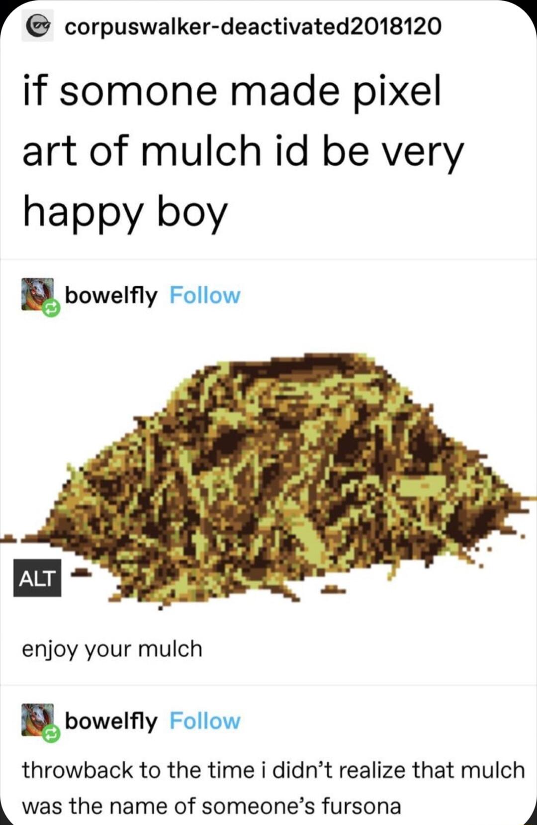 r corpuswalker deactivated2018120 1 if somone made pixel art of mulch id be very happy boy gbowely Follow enjoy your mulch bowely Follow throwback to the time i didnt realize that mulch was the name of someones fursona F