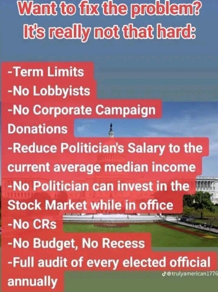 Want to fix the problem? It's really not that hard:
- Term Limits
- No Lobbyists
- No Corporate Campaign Donations
- Reduce Politician's Salary to the current average median income
- No Politician can invest in the Stock Market while in office
- No CRs
- No Budget, No Recess
- Full audit of every elected official annually