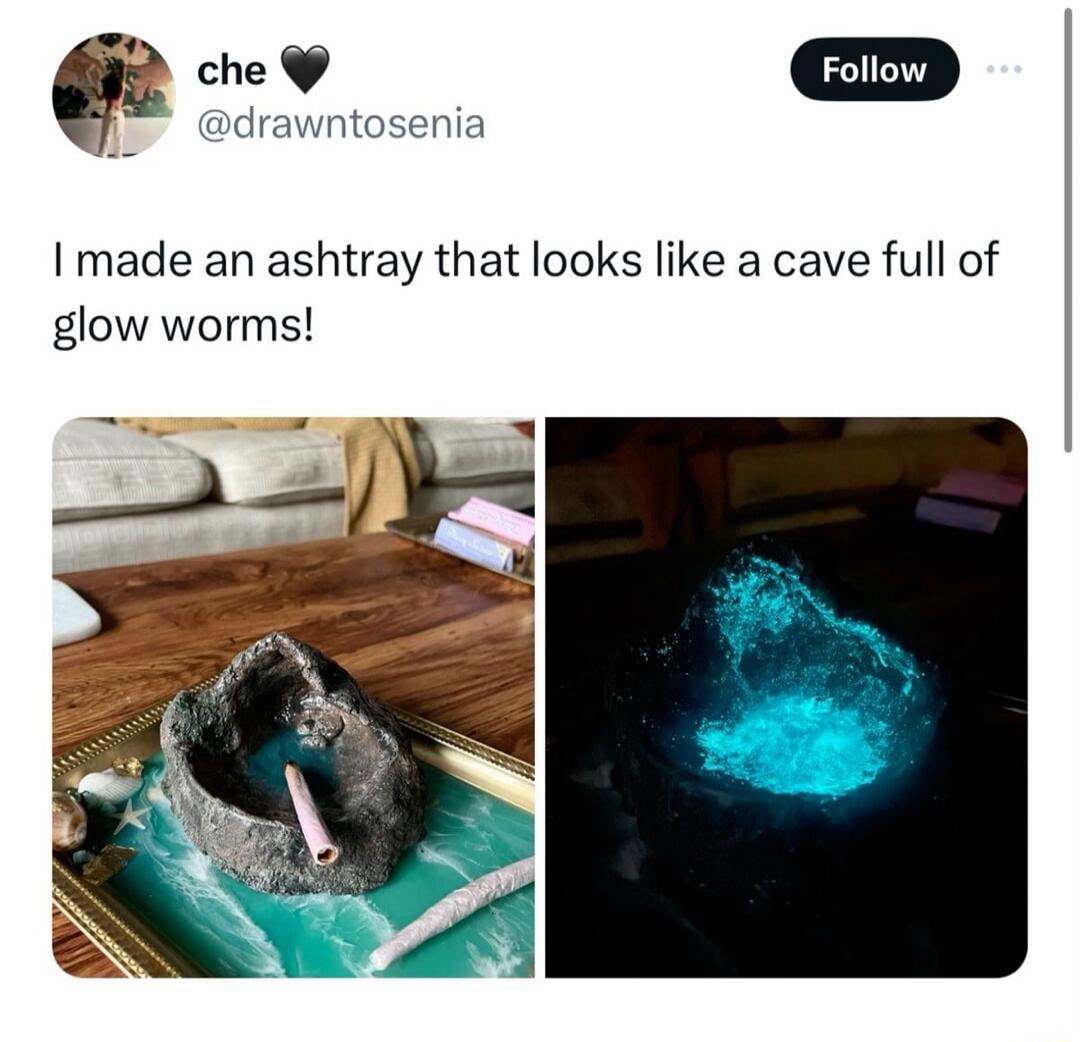 I made an ashtray that looks like a cave full of glow worms!