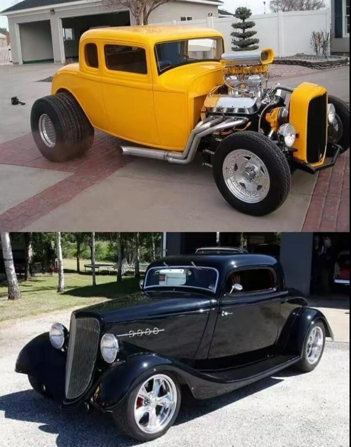 Two classic custom cars are displayed, one yellow hot rod with an exposed engine and one black coupe.