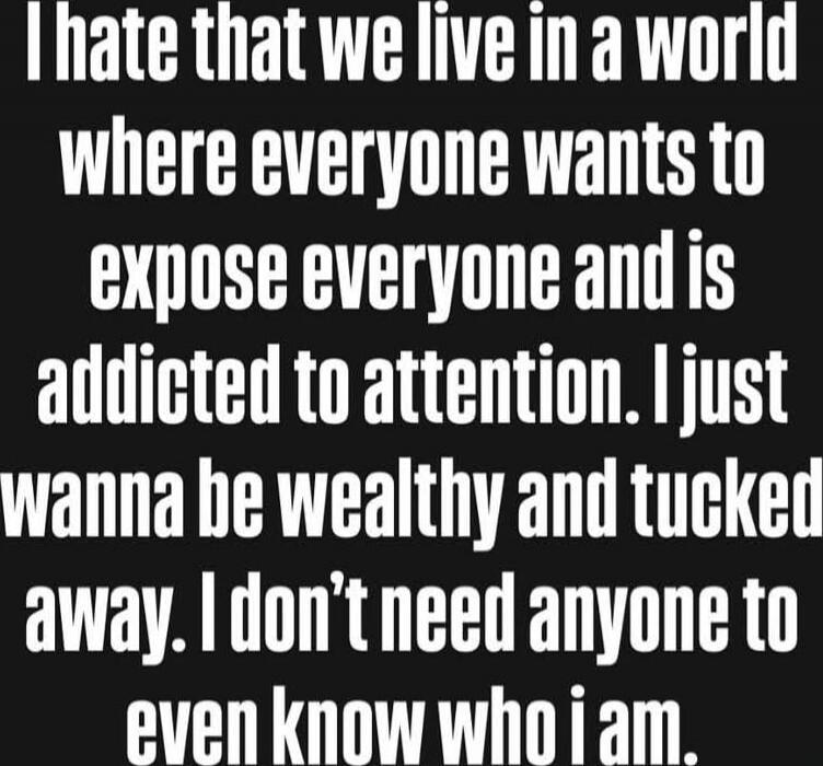 I hate that we live in a world where everyone wants to expose everyone and is addicted to attention. I just wanna be wealthy and tucked away. I don’t need anyone to even know who I am.