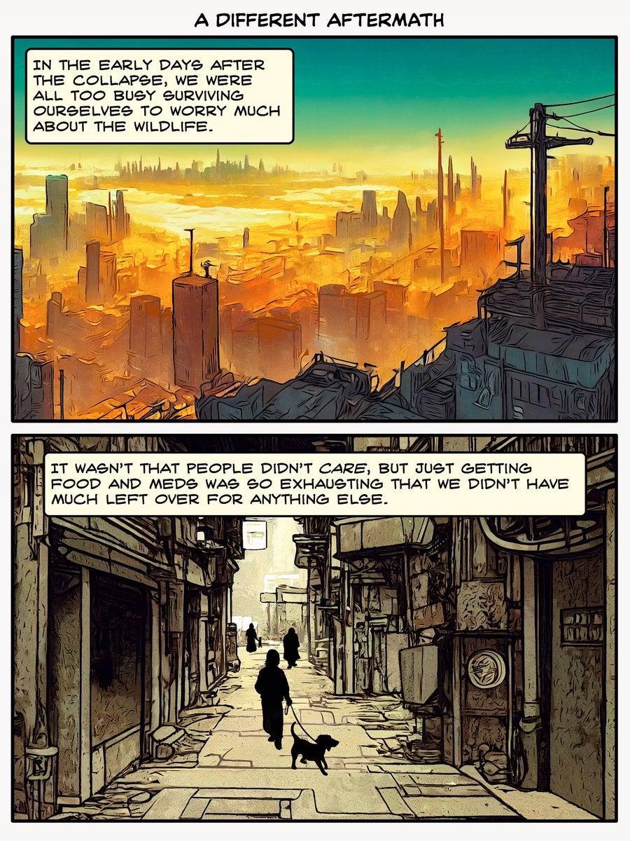 A DIFFERENT AFTERMATH IN THE EARLY DAYS AFTER THE CoLLAPSE WE WERE ALL TOO BUSY SURVIVING 2 IT WASNT THAT PEOPLE DIDNT CARE BUT JUST GETTING FOOD AND MEDS WAS S0 EXHAUSTING THAT WE DIDNT HAVE WUCH EFT OVER FOR ANYTHING ELSE