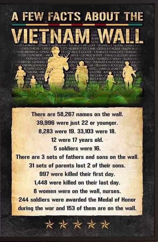 LW DRSS NLBROWN BONAID ESTe i GILETO W BWALD osipi LcoLc There are 58267 names on the wall 39986 were just 22 or younger 8283 were 19 33103 were 18 12 were 17 years old 5 soldiers were 16 There are 3 sets of fathers and sons on the wall 31 sets of parents lost 2 of their sons 997 were killed their first day 1448 were killed on their last day 8 women were on the wall nurses 244 soldiers were awarde