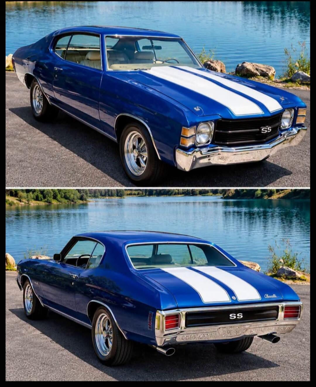 SS Chevelle. A blue classic American muscle car, a Chevrolet Chevelle SS, is parked on an asphalt road next to a body of water, likely a lake or quarry. The car features white racing stripes on the hood and trunk.