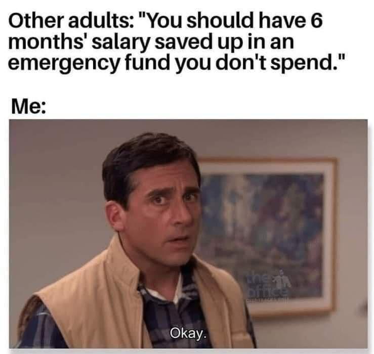 Other adults You should have 6 months salary saved up inan emergency fund you dont spend Me