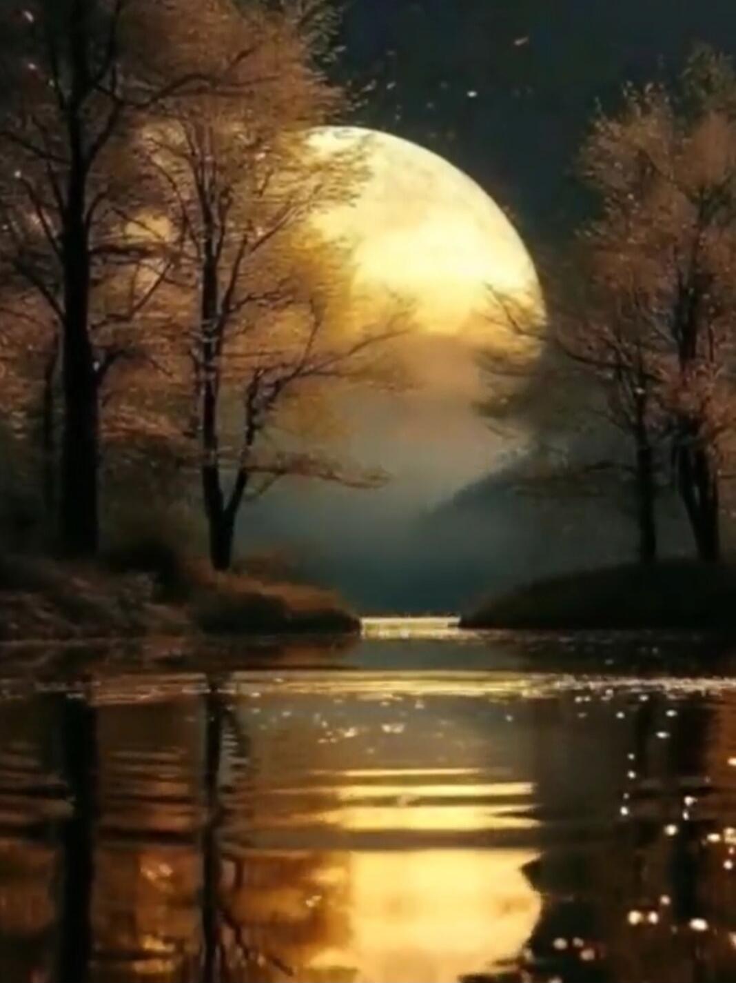 A large bright full moon rises over a forested river at night. The trees with autumn colors line the banks, and the moonlight reflects on the calm water, creating a golden glow across the scene.