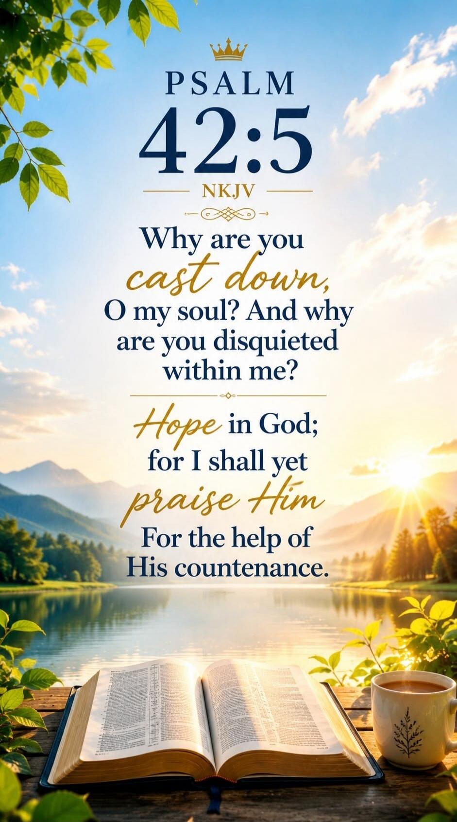PSALM 42:5 NKJV Why are you cast down, O my soul? And why are you disquieted within me? Hope in God; for I shall yet praise Him For the help of His countenance.