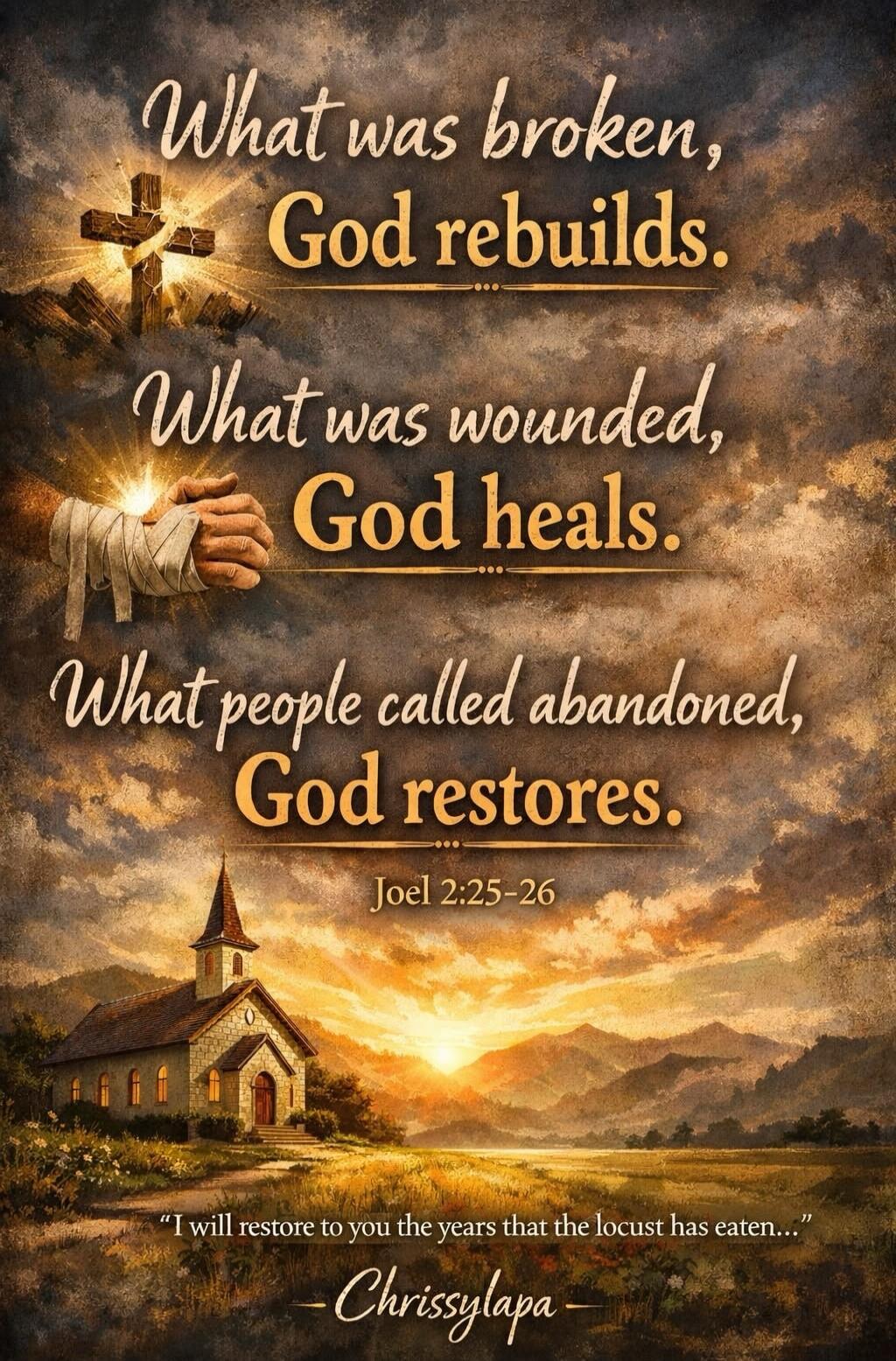 What was broken, God rebuilds. What was wounded, God heals. What people called abandoned, God restores. Joel 2:25-26. 
