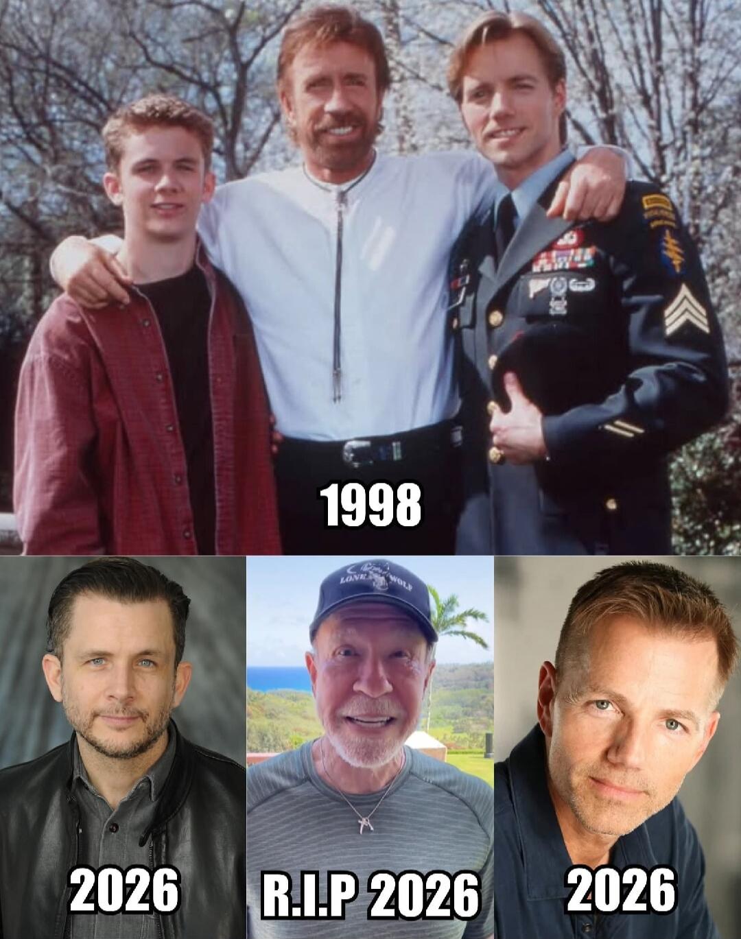 1998 2026 R.I.P 2026 2026. The image shows a comparison of actors from the TV show Walker, Texas Ranger in 1998 and a prediction for 2026. The top row features Chuck Norris, Judson Mills, and James Wlcek. The bottom row shows Judson Mills in 2026, Chuck Norris with 'R.I.P 2026', and James Wlcek in 2026.