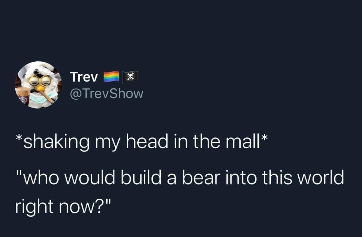 Trev GEELE shaking my head in the mall who would build a bear into this world right now 246 PM 12622