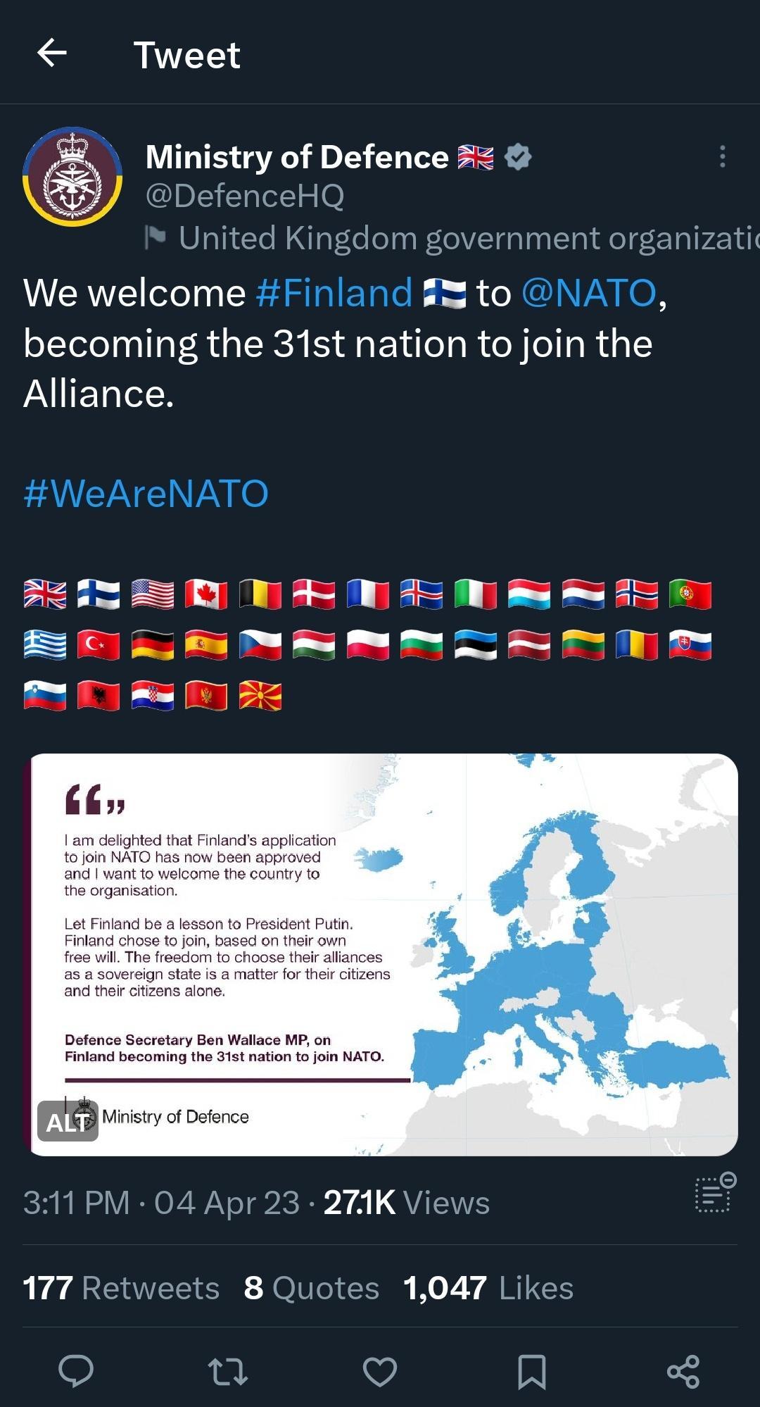 Tweet Ministry of Defence Def HQ We welcome H A 5 becoming the 31st nation to join the Alliance FITEQ TARETENSSIE E S n S my S TR e e Ll w LTk Apr 23 274K Views 177 Retweets 8 Quotes 1047 Like S 0 Q o