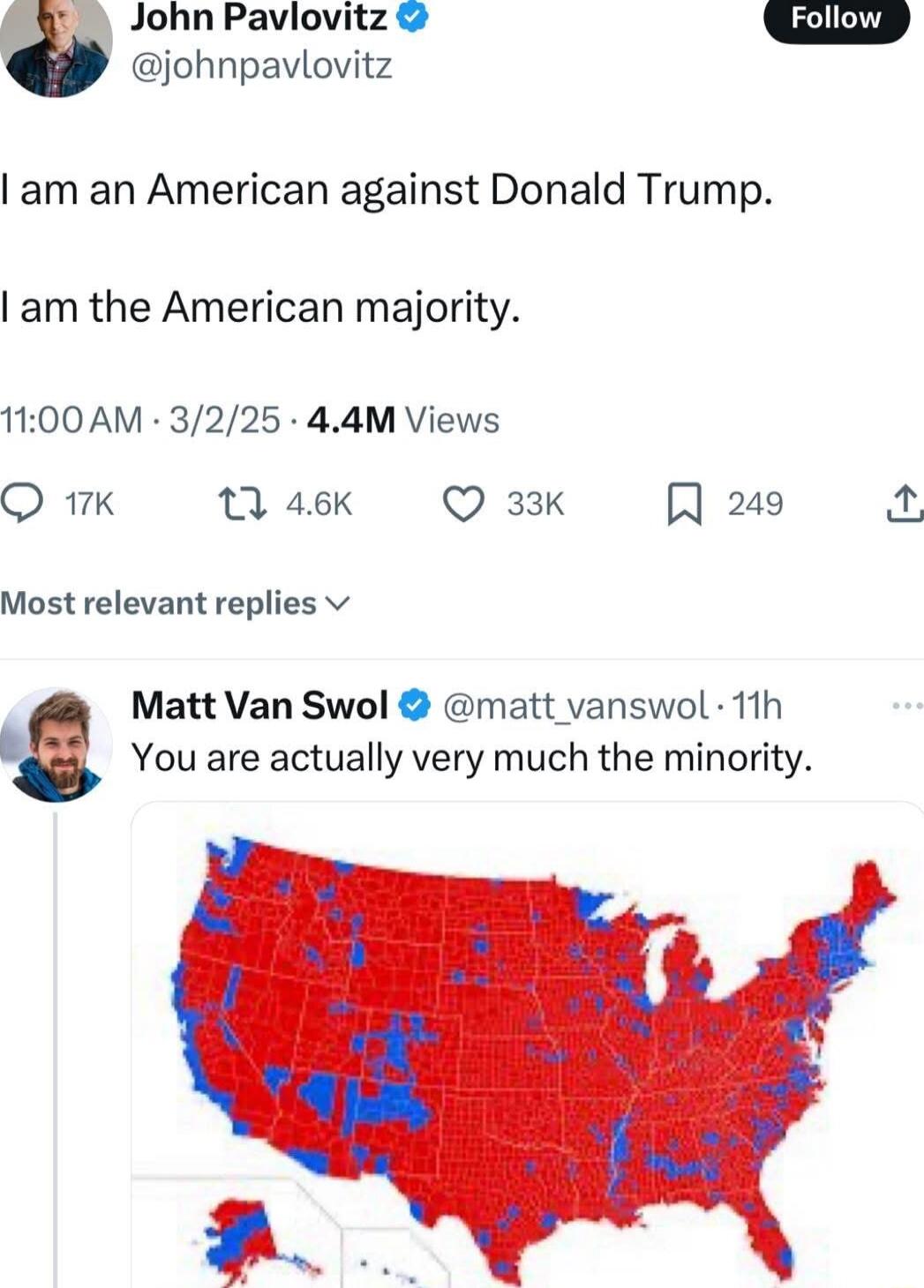 John Pavlovitz johnpavlovitz am an American against Donald Trump am the American majority 1100AM 3225 44M Views O 17K 1 46K Q 33k R 249 Most relevant replies v Matt Van Swol matt vanswol 11h You are actually very much the minority