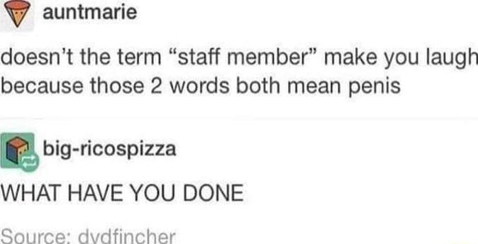 YV auntmarie doesnt the term staff member make you laugh because those 2 words both mean penis big ricospizza WHAT HAVE YOU DONE Source dvdfincher