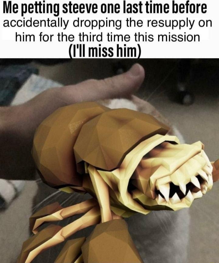 Me petting steeve one last time before accidentally dropping the resupply on him for the third time this mission