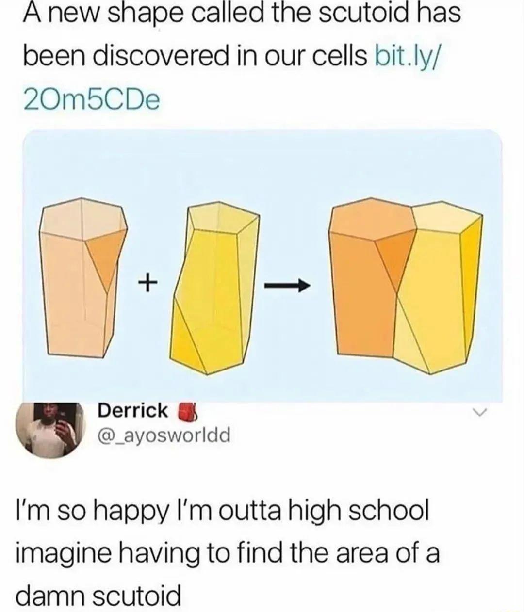 A new shape called the scutoid has been discovered in our cells bitly 20m5CDe Demck ayosworldd Im so happy Im outta high school imagine having to find the area of a damn scutoid