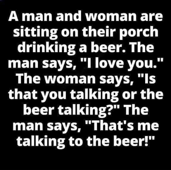 A man and woman are sitting on their porch drinking a beer The ETICE VO TRV 1T R LR LI ETIEE VO LU ETRLUTRE g T4y T T TT R 11 l 1 1 M EDICEN i E LA talking to the beer