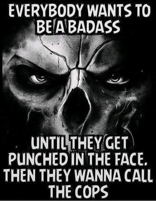 EVERYBODY WANTS TO BE A BADASS UNTIL THEY GET PUNCHED IN THE FACE. THEN THEY WANNA CALL THE COPS