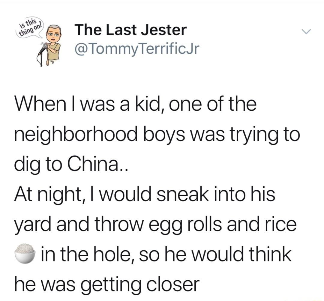 The Last Jester TommyTerrificJr When was a kid one of the neighborhood boys was trying to dig to China At night would sneak into his yard and throw egg rolls and rice _ inthe hole so he would think he was getting closer