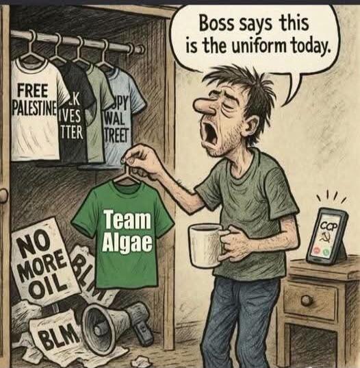 Boss says this is the uniform today. FREE PALESTINE. BLACK LIVES MATTER. OCCUPY WALL STREET. Team Algae. NO MORE OIL. BLM. CCP.