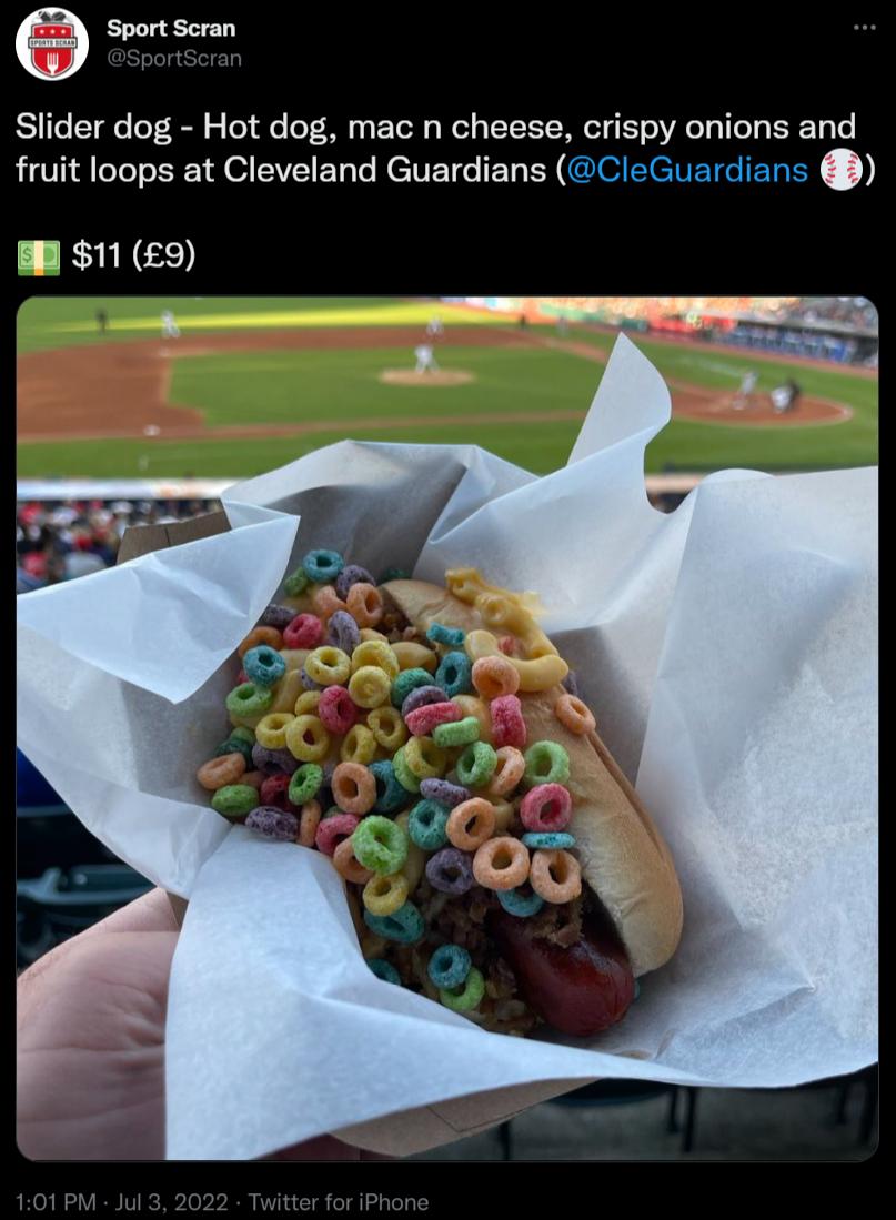Sport Scran Slider dog Hot dog mac n cheese crispy onions and fruit loops at Cleveland Guardians CleGuardians RN