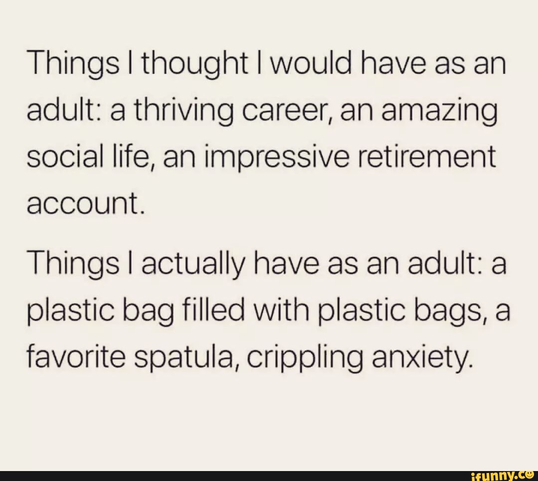 Things thought would have as an adult a thriving career an amazing social life an impressive retirement account Things actually have as an adult a plastic bag filled with plastic bags a favorite spatula crippling anxiety