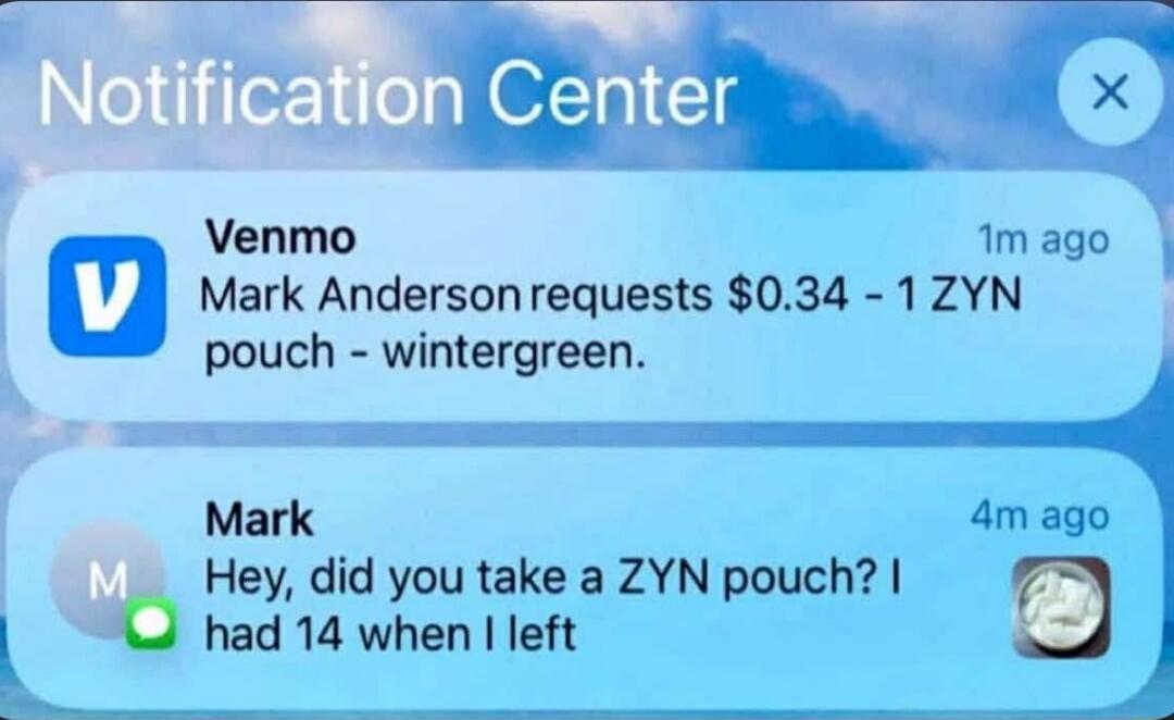 Venmo Mark Anderson requests $0.34 - 1 ZYN pouch - wintergreen. Hey, did you take a ZYN pouch? I had 14 when I left