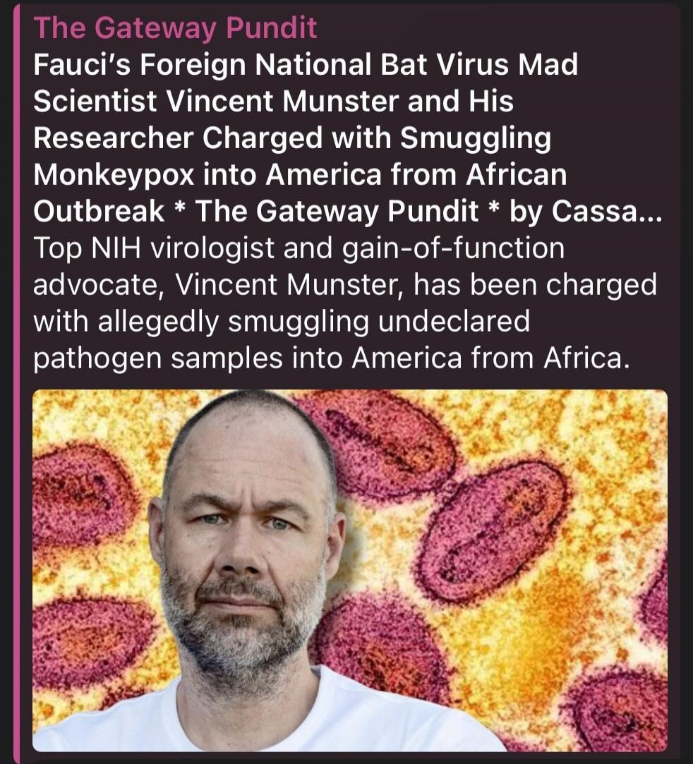 The Gateway Pundit Fauci's Foreign National Bat Virus Mad Scientist Vincent Munster and His Researcher Charged with Smuggling Monkeypox into America from African Outbreak * The Gateway Pundit * by Cassa... Top NIH virologist and gain-of-function advocate, Vincent Munster, has been charged with allegedly smuggling undeclared pathogen samples into Am