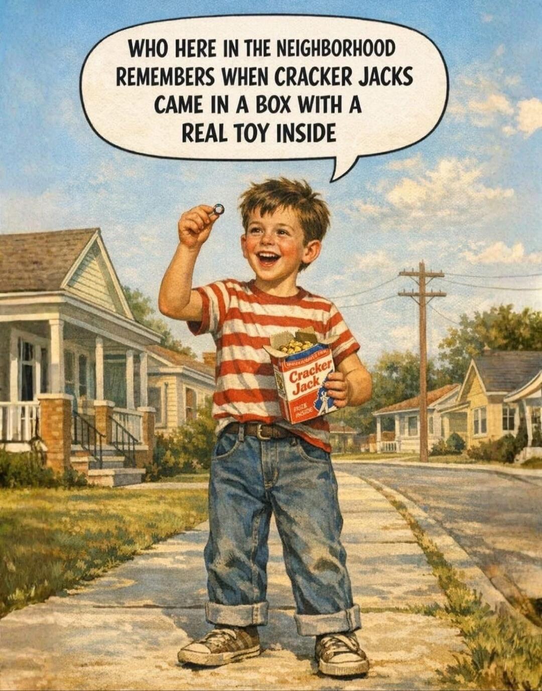 WHO HERE IN THE NEIGHBORHOOD REMEMBERS WHEN CRACKER JACKS CAME IN A BOX WITH A REAL TOY INSIDE