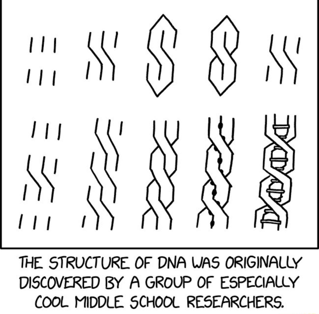 ny g8y i AN THE STRUCTURE OF DNA WAS ORIGINALLY DISCOVERED BY A GROUP OF ESPECIALLY OOL MIDDLE SCHOOL RESEARCHERS