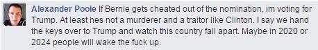 Alexander Poole If Bernie gets cheated out of the nomination im vofing for Trump Atleast hes not a murderer and a traitor ike Clinton say we hand the keys overto Trump and watch this country fall apart Maybe in 2020 or 2024 people will wake the fuck up