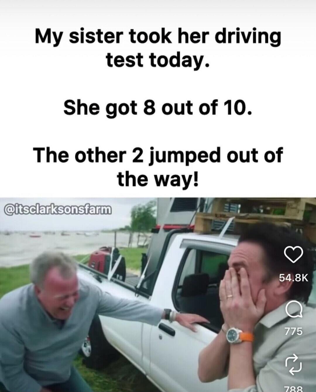 My sister took her driving test today. She got 8 out of 10. The other 2 jumped out of the way!