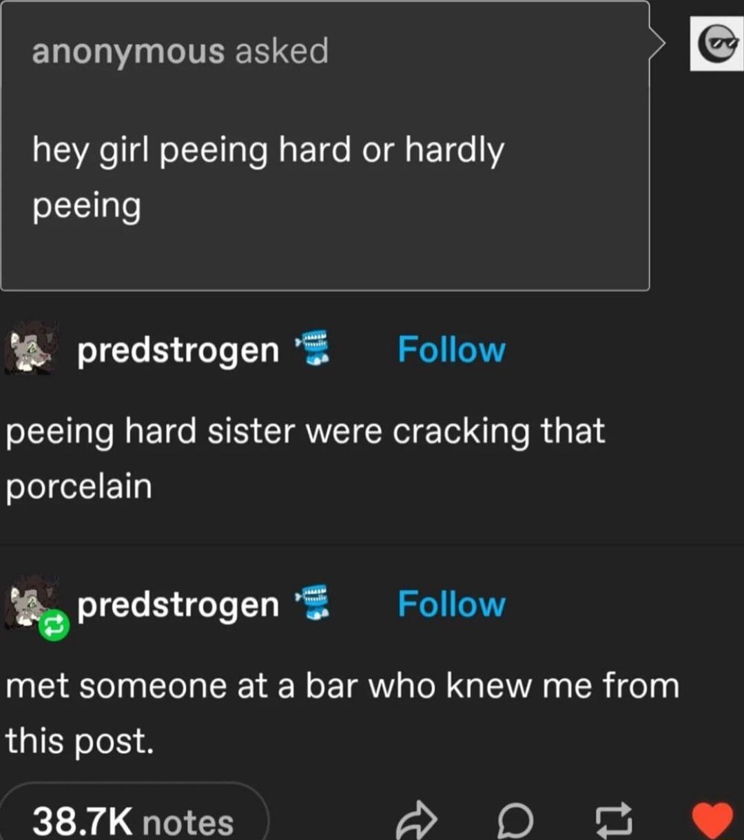 anonymous asked F hey girl peeing hard or hardly peeing predstrogen S Follow IET RS CIQWEIENIE I N R a1 sLelfeSIETTy Ipreclstrcrgen 2 Follow met someone at a bar who knew me from LGIER I 387K notes S 0 e