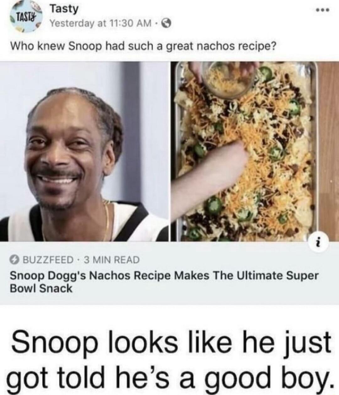 o Tasty NI ctorday at 1130 AM Who knew Snoop had such a great nachos recipe BUZZFEED 3 MIN READ Snoop Doggs Nachos Recipe Makes The Ultimate Super Bowl Snack Snoop looks like he just got told hes a good boy