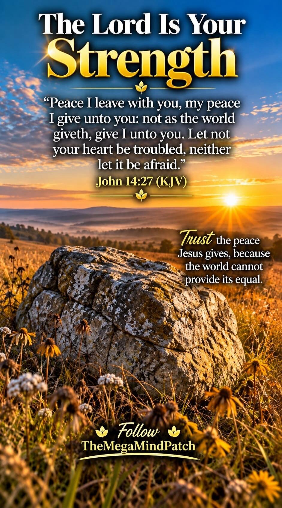 The Lord Is Your Strength. Peace I leave with you, my peace I give unto you: not as the world giveth, give I unto you. Let not your heart be troubled, neither let it be afraid. John 14:27 (KJV). Trust the peace Jesus gives, because the world cannot provide its equal. Follow TheMegaMindPatch.