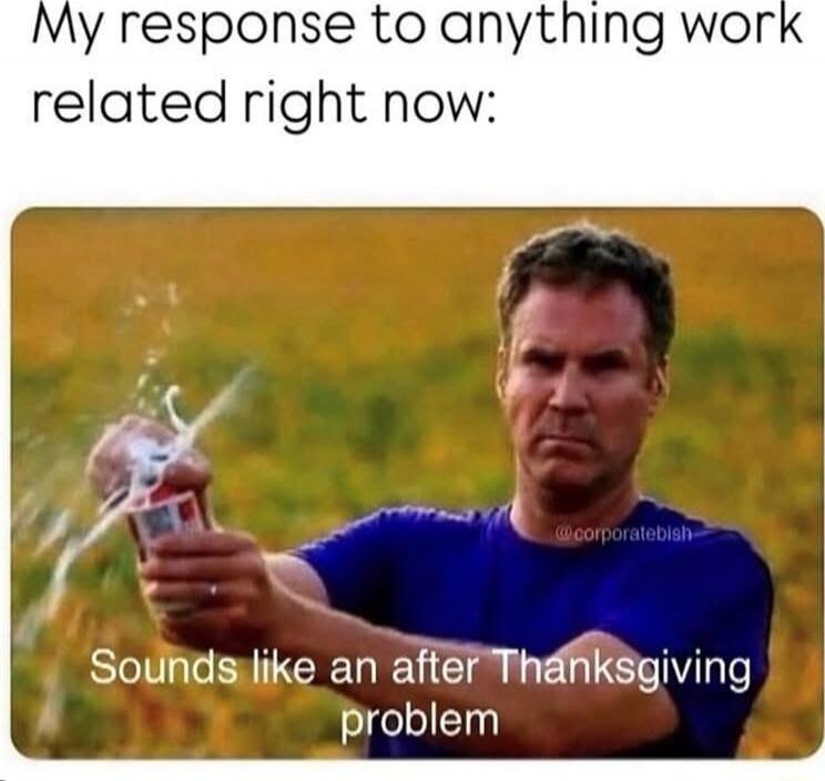 My response to anything work related right now:
Sounds like an after Thanksgiving problem