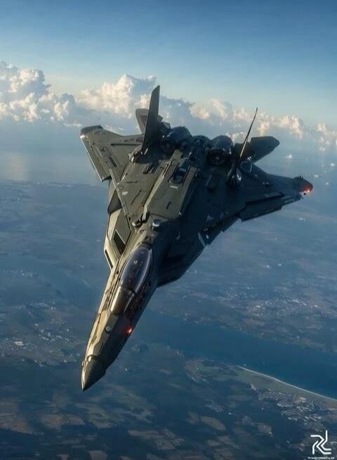 A futuristic fighter jet flying over the ocean.