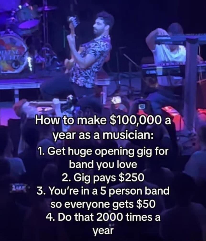 L Howlto make 100000 3 S year ESEY THIELH 1 Get huge opening gig for band you love 2 Gig pays 250 3Yourein a5 person band so everyone gets 50 4 Do that 2000 times a year