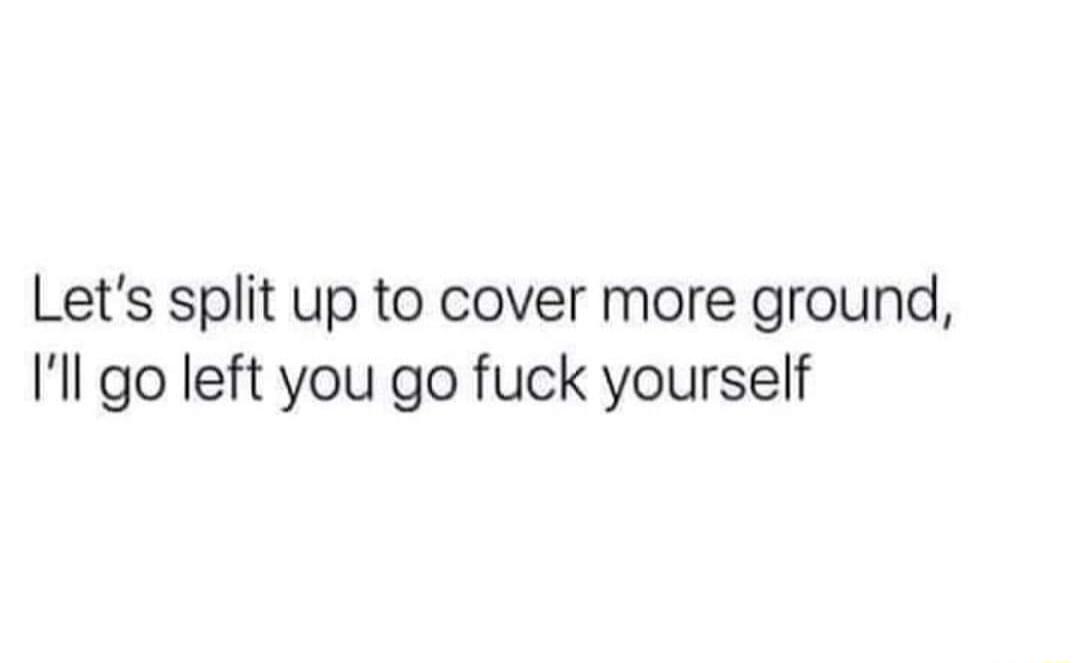 Lets split up to cover more ground Ill go left you go fuck yourself