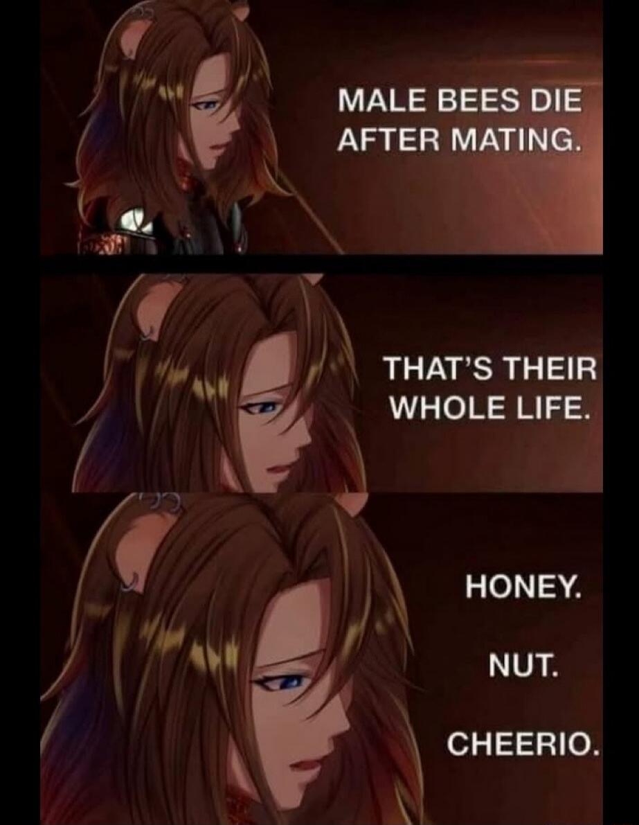 Male bees die after mating. That's their whole life. Honey. Nut. Cheerio.