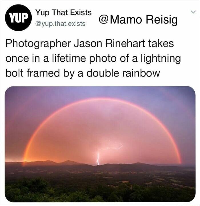 Yup That Exists _ Epiaec Mamo Reisig Photographer Jason Rinehart takes once in a lifetime photo of a lightning bolt framed by a double rainbow