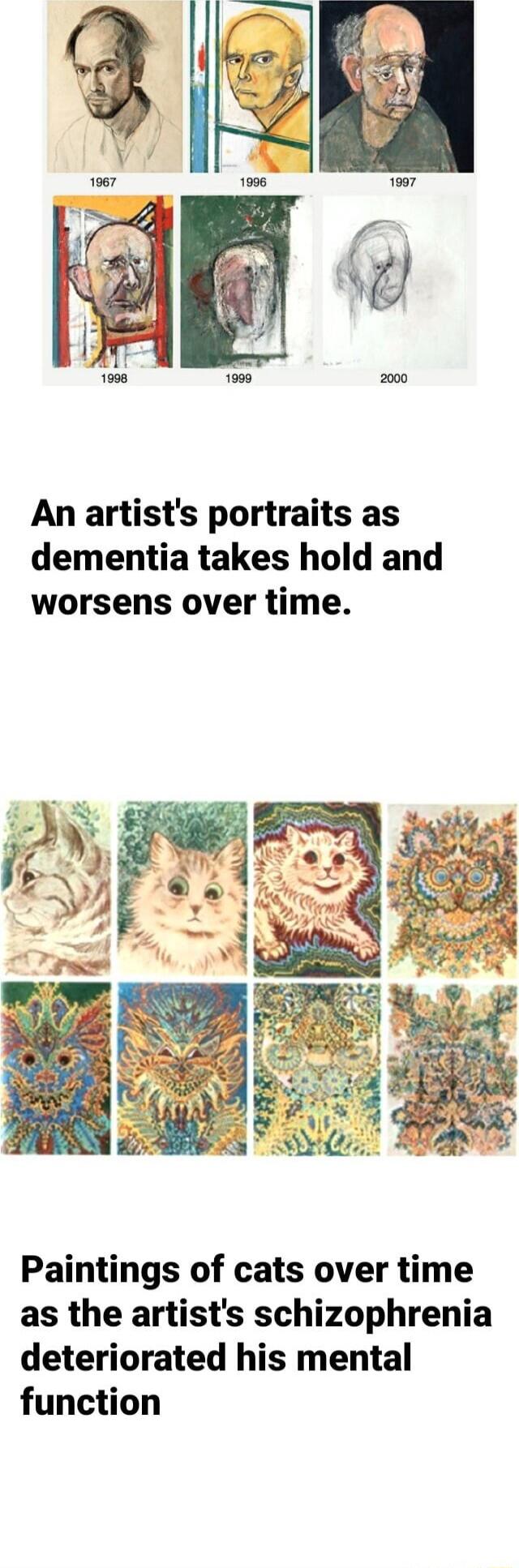 An artists portraits as dementia takes hold and worsens over time Paintings of cats over time as the artists schizophrenia deteriorated his mental function